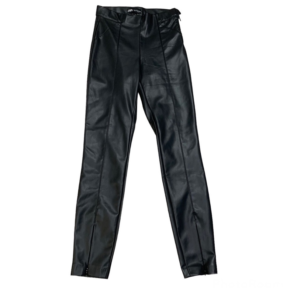 Zara black high waisted faux leather moto leggings pants zippered ankle Sz XS